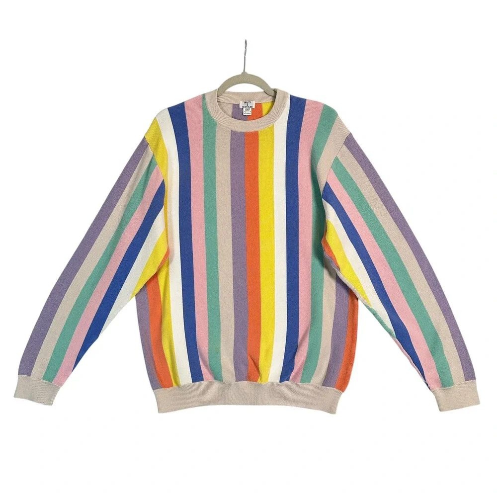 Maus & Hoffman Sweater XL Pima Cotton Vertical Rainbow Stripe Crewneck Multi VTG